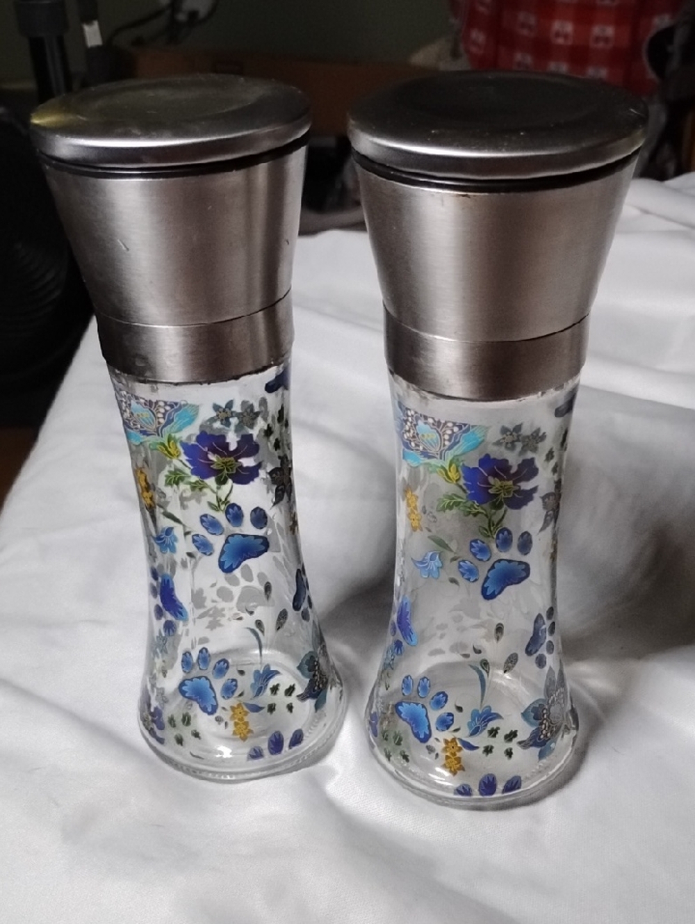 Glass Salt & Pepper Grinders Temptation Floral Blue/Paw Print - Stainless Tops